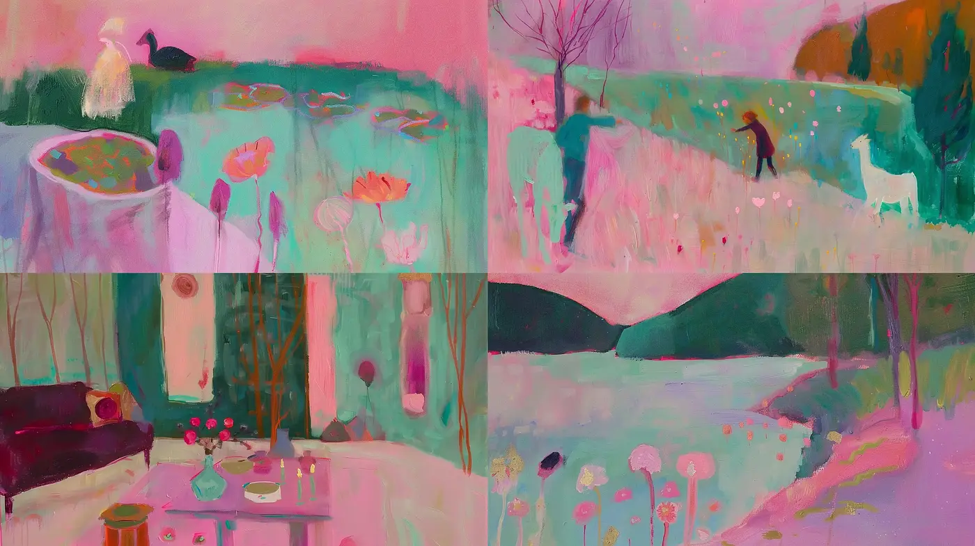 Serene Pastel Dreamscape: A Consistent Exercise in Soothing Hues and Impressionistic Forms - Midjourney sref style