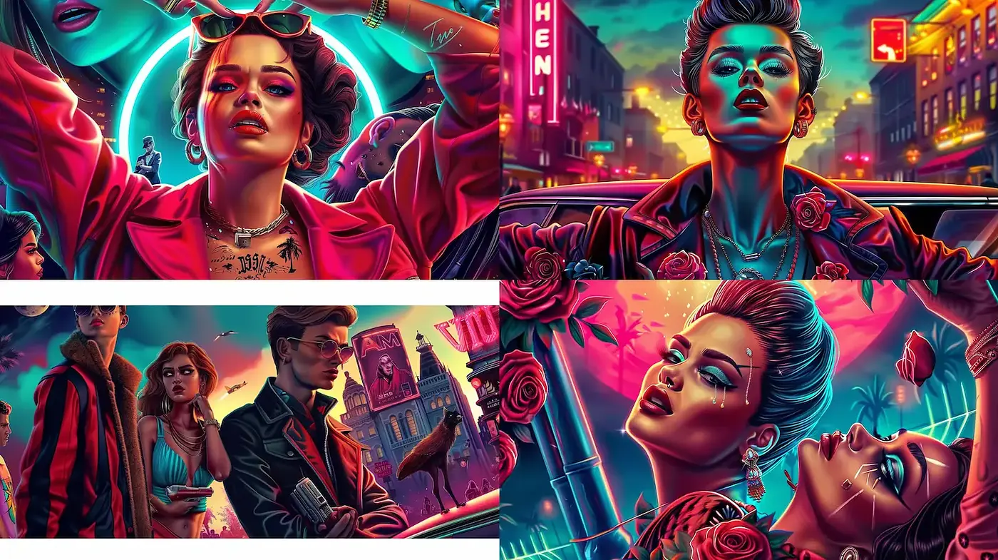 Vibrant Retro Aesthetic with Dramatic Flair - Midjourney sref style