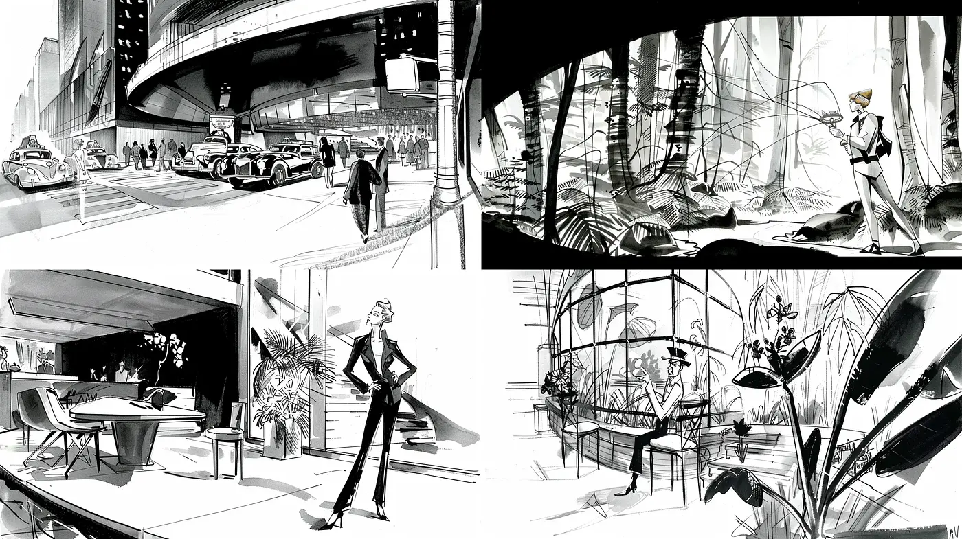 Monochromatic Panache: A Study in Stark Black-and-White Illustration - Midjourney sref style