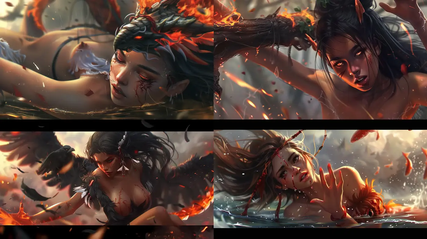Fiery Embers and Ethereal Reflections: A Harmonious Blend of Dynamic Intensity and Soft Realism - Midjourney sref style