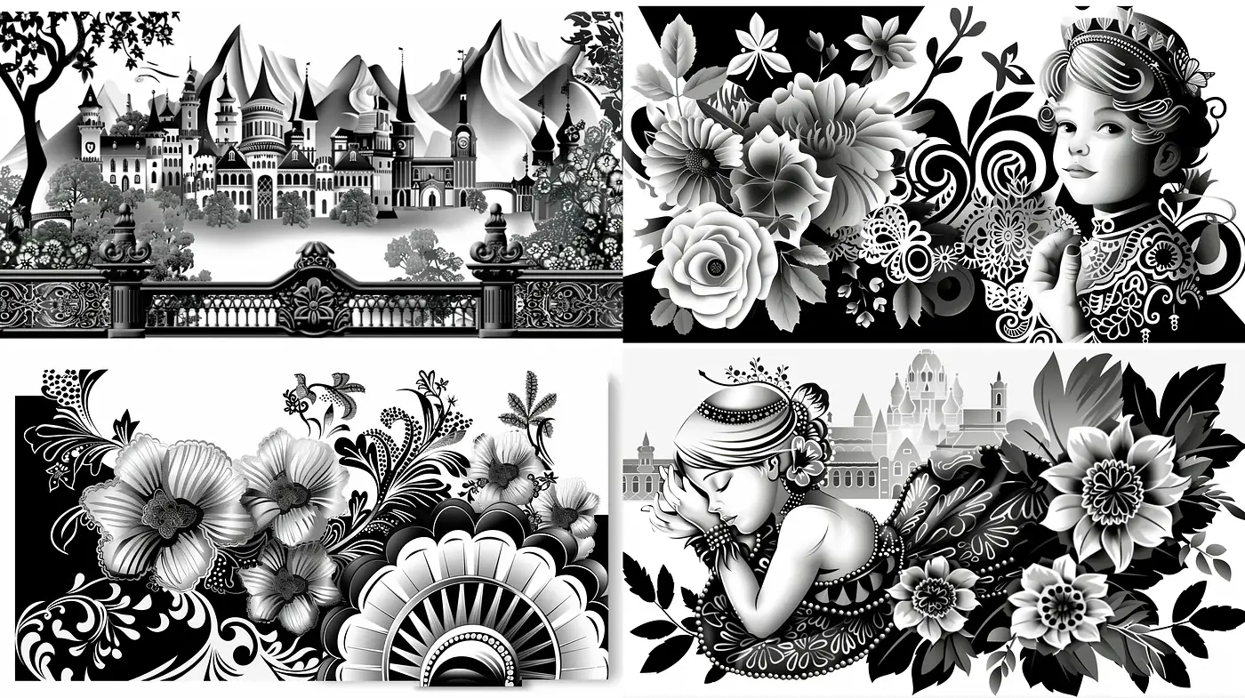 Monochromatic Floral Fantasy with Victorian Elegance - Midjourney sref style