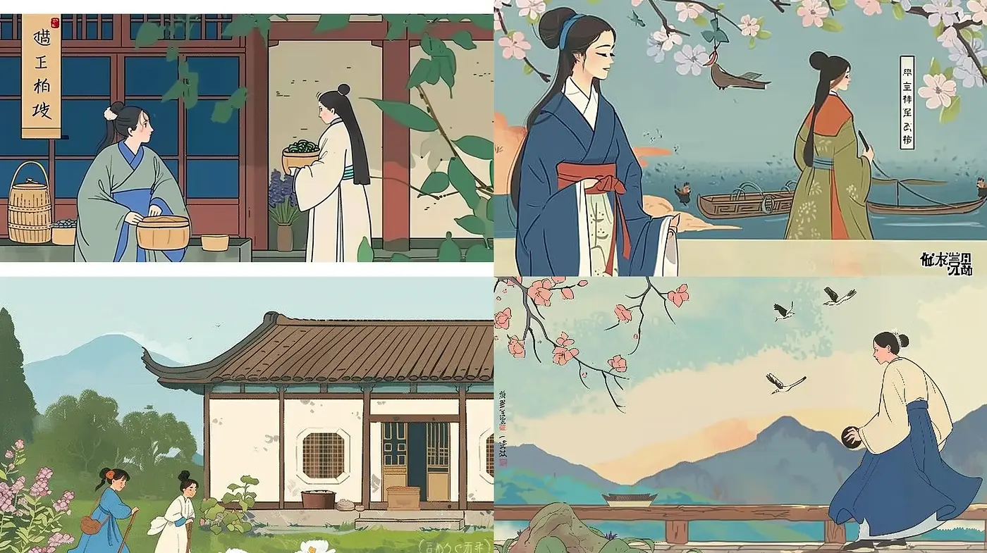Serene Tableaus of Traditional Eastern Scenes with Delicate Color Harmonies - Midjourney sref style
