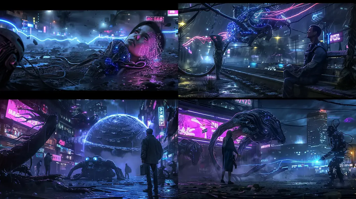 Futuristic Neon Noir Aesthetic with a Touch of Cyberpunk Influence - Midjourney sref style