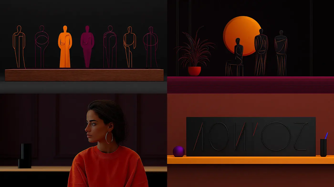 Modern minimalist interpretation with vibrant accents and a dramatic ambiance - Midjourney sref style