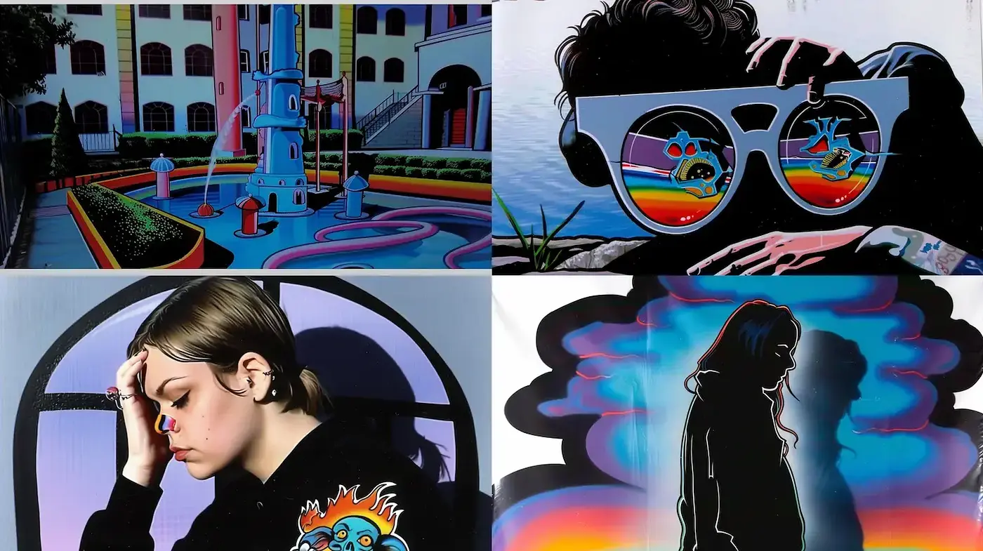 Vibrant, stylized illustrations with a surreal and pop art influence - Midjourney sref style