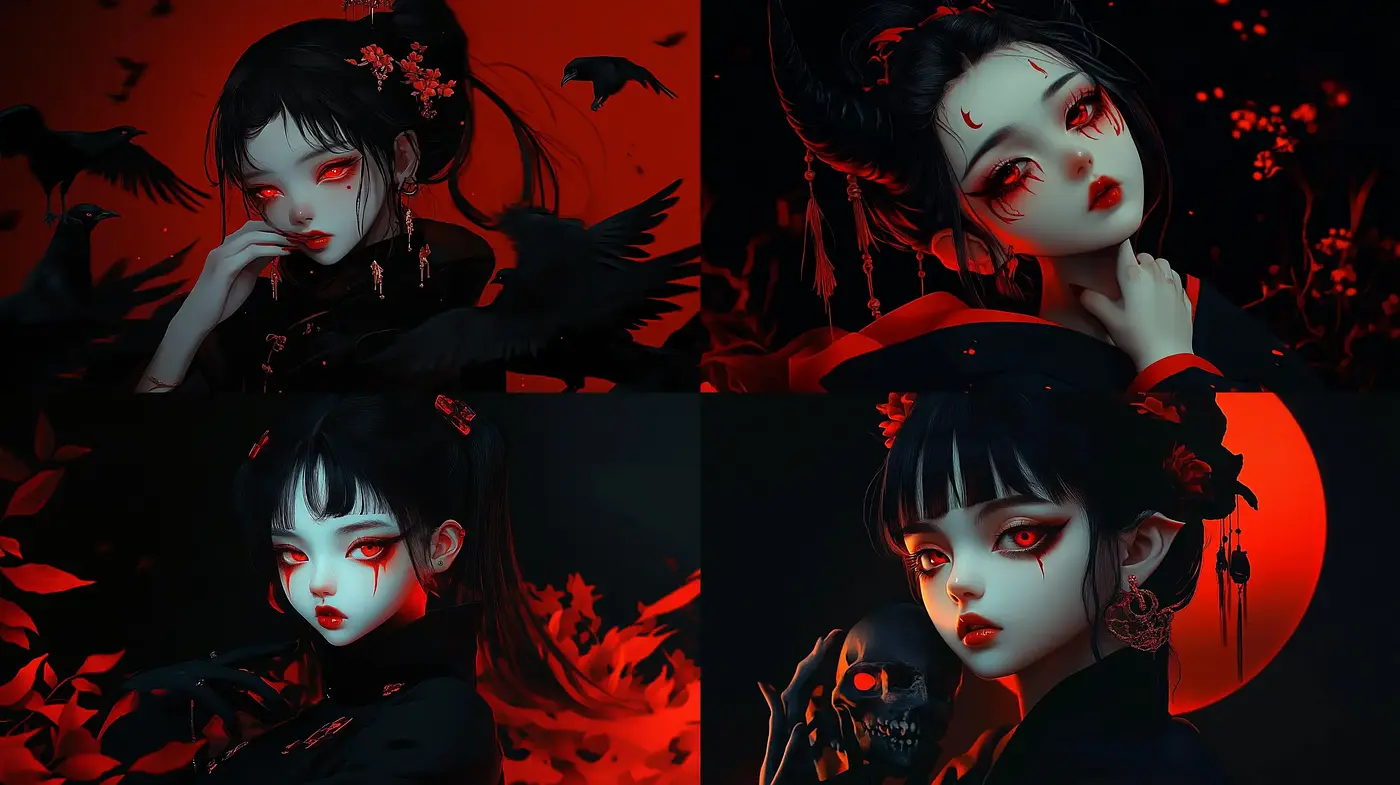 Crimson Nocturne: The Haunting Elegance of a Dark Anime-inspired Dreamscape - Midjourney sref style