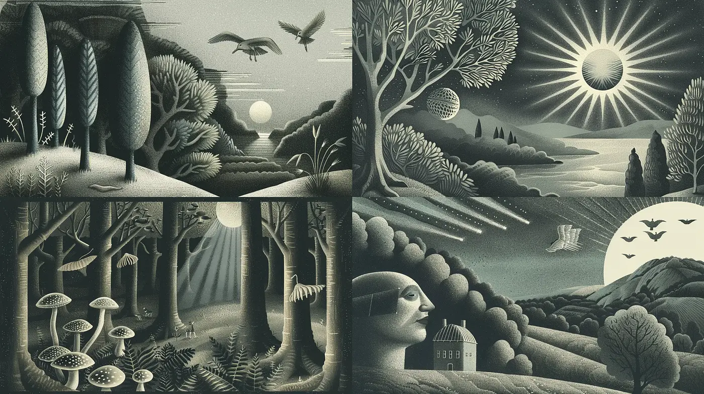 Monochromatic Enigmatic Dreamscapes with Retro-Futuristic Flair - Midjourney sref style