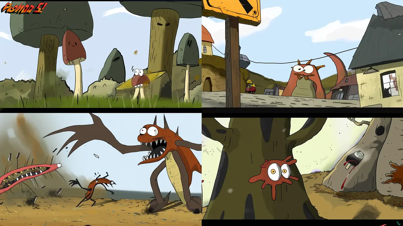 Consistent Whimsical Chaos: An Animated Adventure in Stylized Mayhem - Midjourney sref style