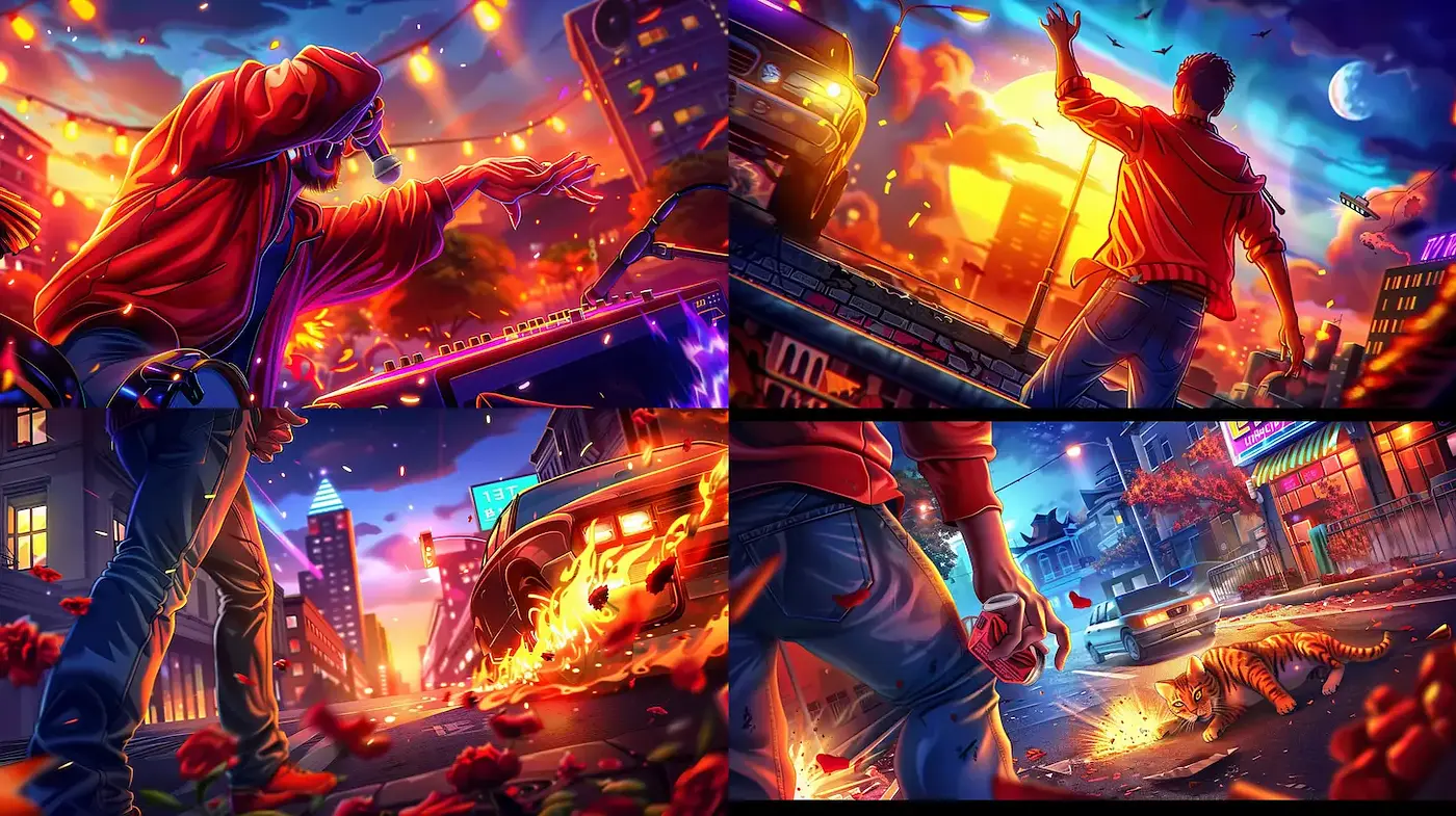 Dynamic Urban Vividness with Fiery Elements and Dramatic Lighting - Midjourney sref style