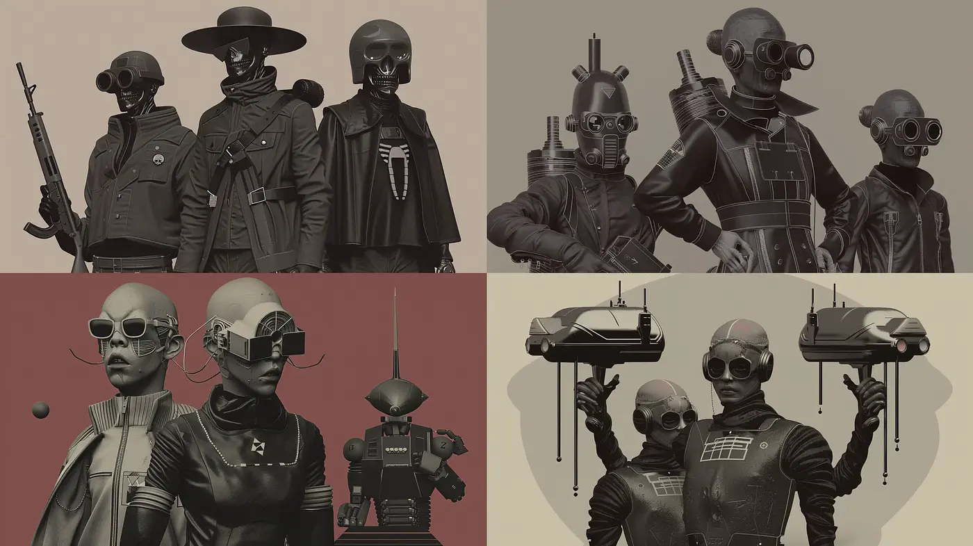 Monochromatic Retrofuturism with Steampunk Elements - Midjourney sref style