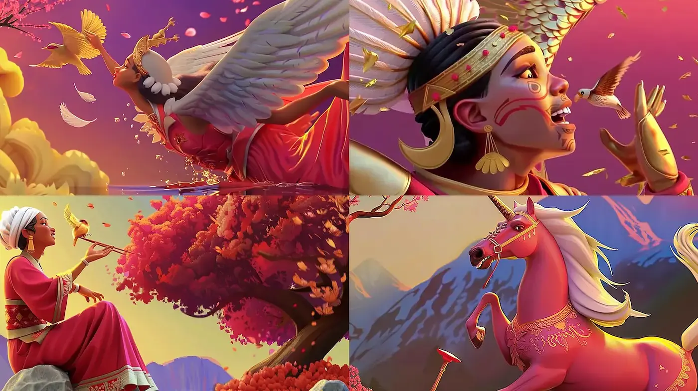 Fantastical Illustrations with Mythological Elements and Vibrant Colors - Midjourney sref style