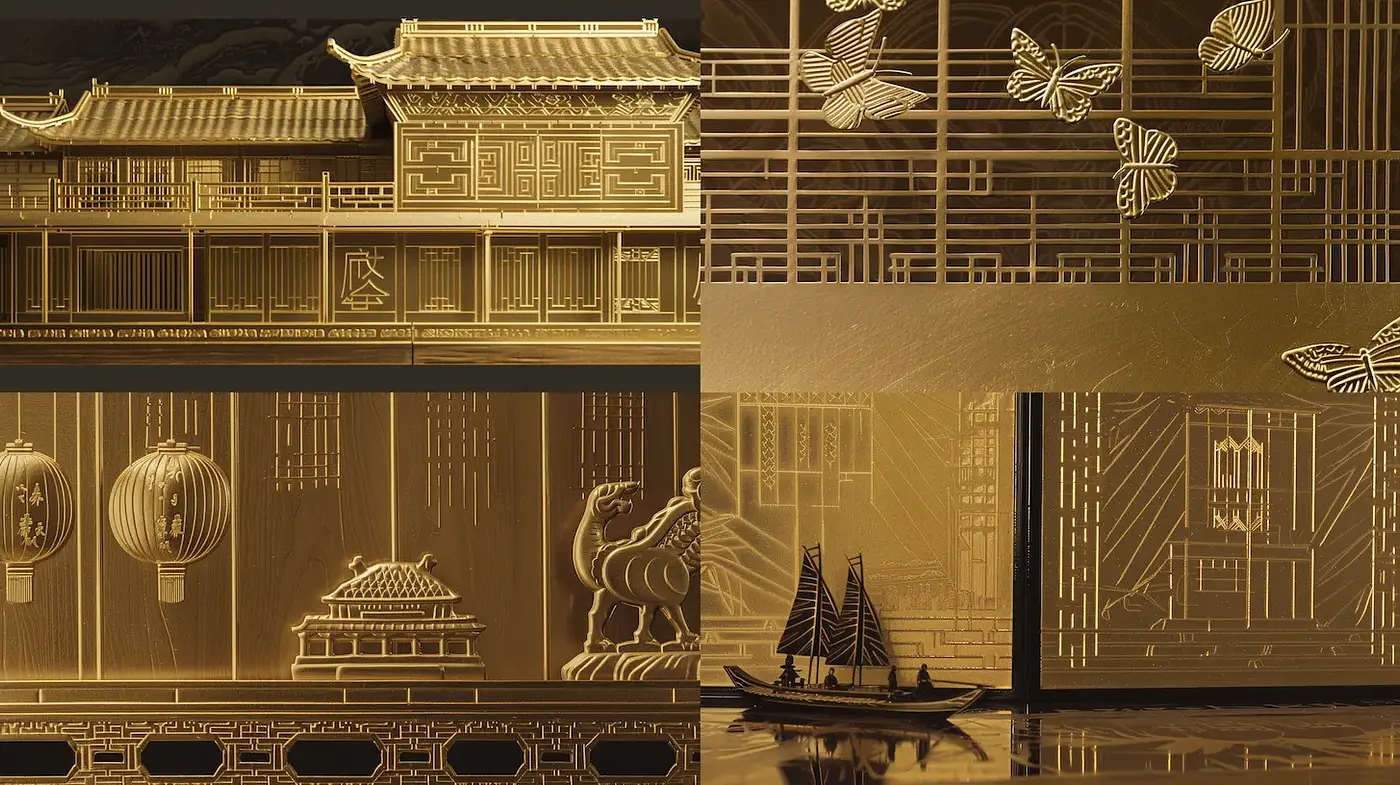 Intricate Golden Aesthetic with Eastern Architectural Influences - Midjourney sref style