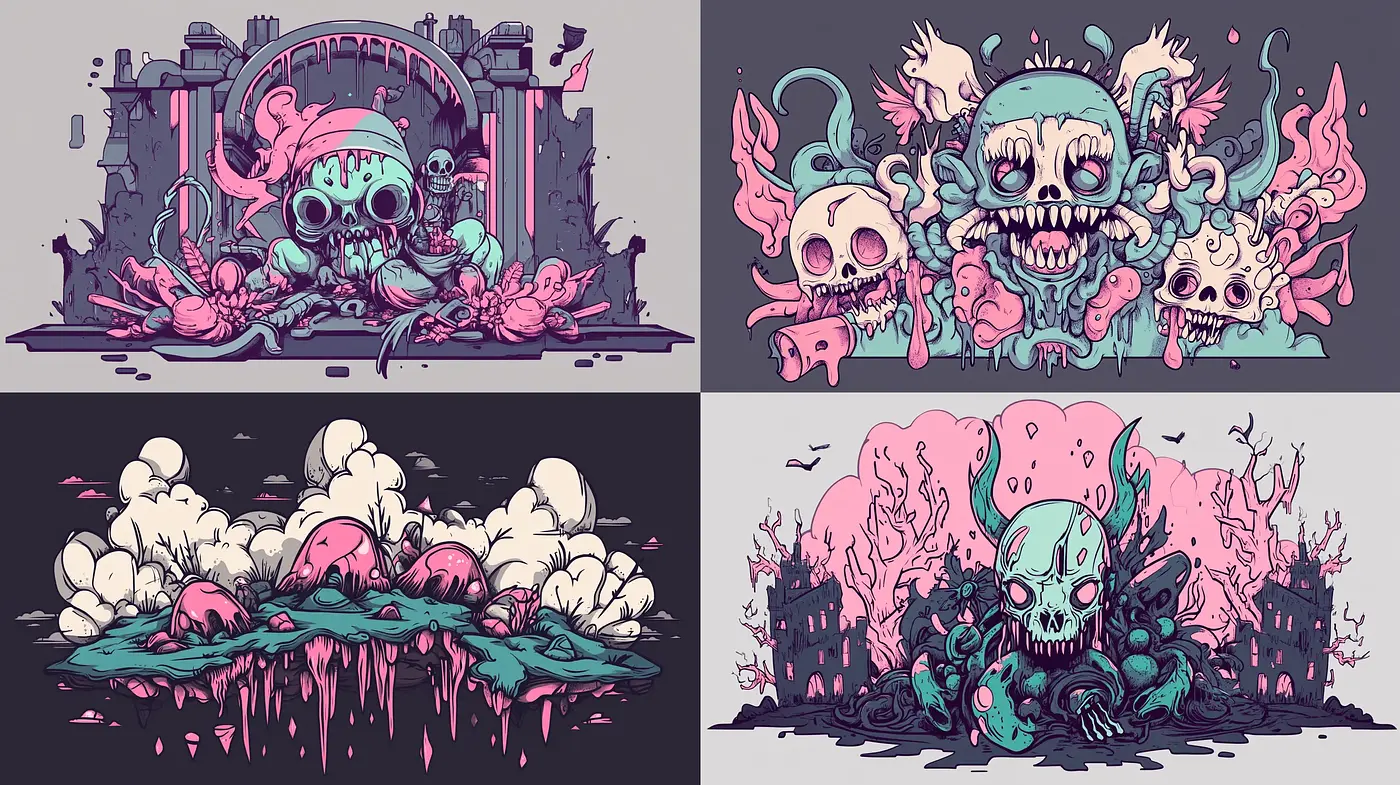 Surreal Macabre Cartoons with a Twist of Neon Gothic - Midjourney sref style