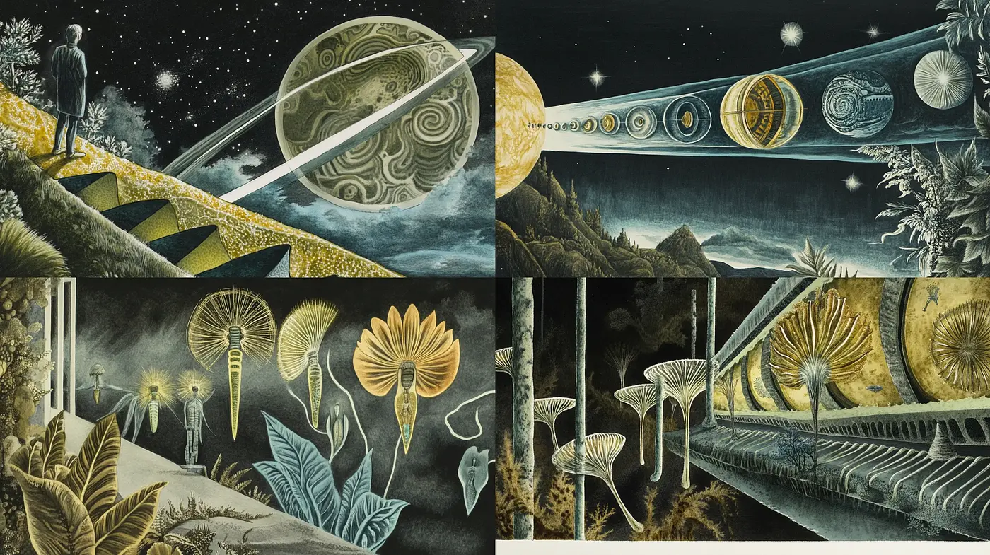 Cosmic Dreamscape with Surrealist Botanical Motifs - Midjourney sref style