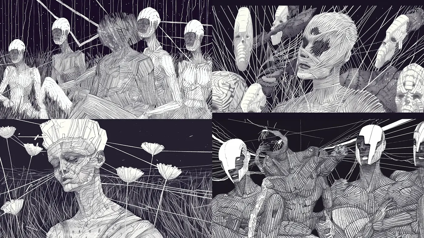 Monochromatic Ethereal Dreamscape in Ink - Midjourney sref style