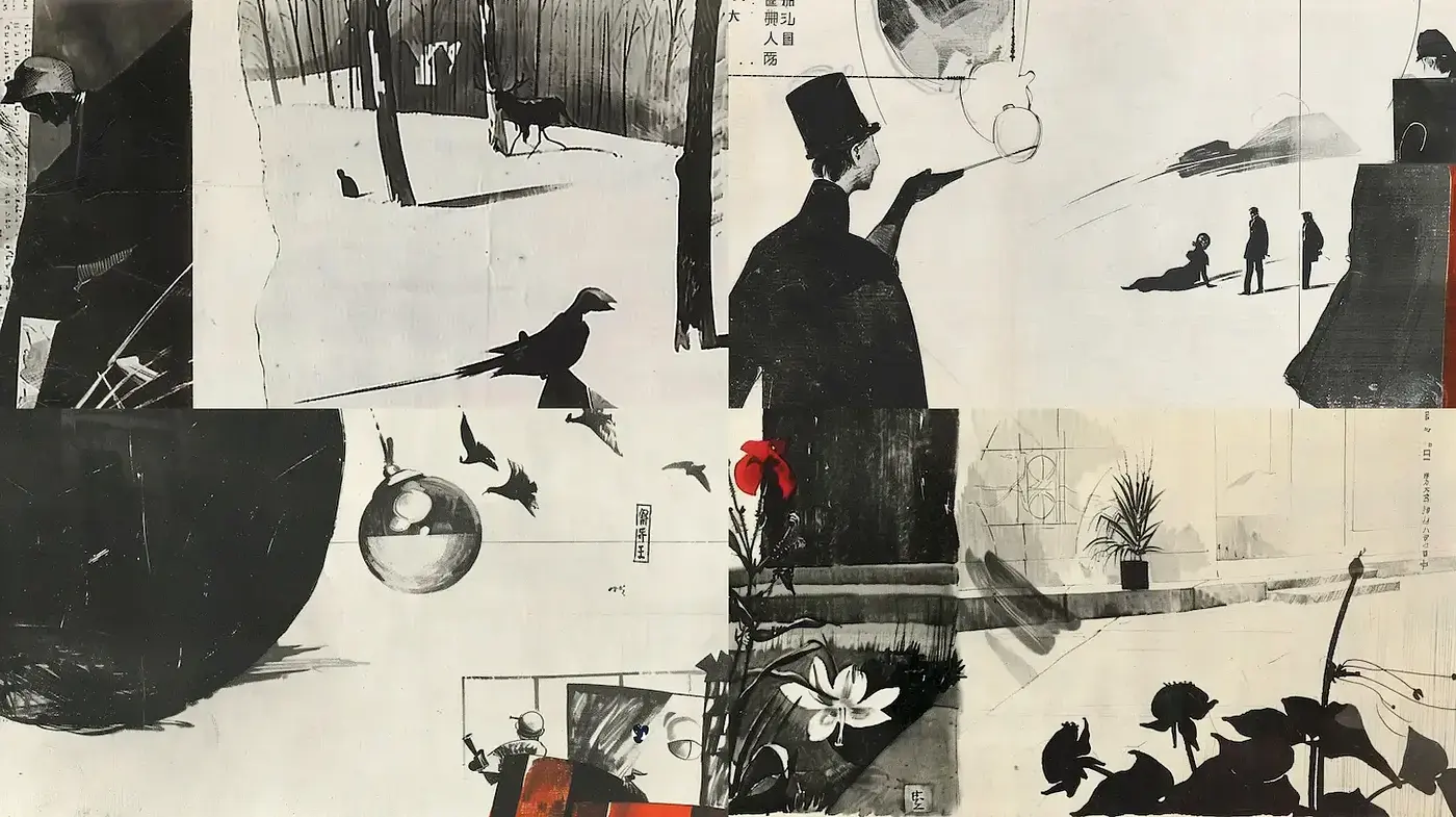Monochromatic Collage of Silhouetted Narratives - Midjourney sref style