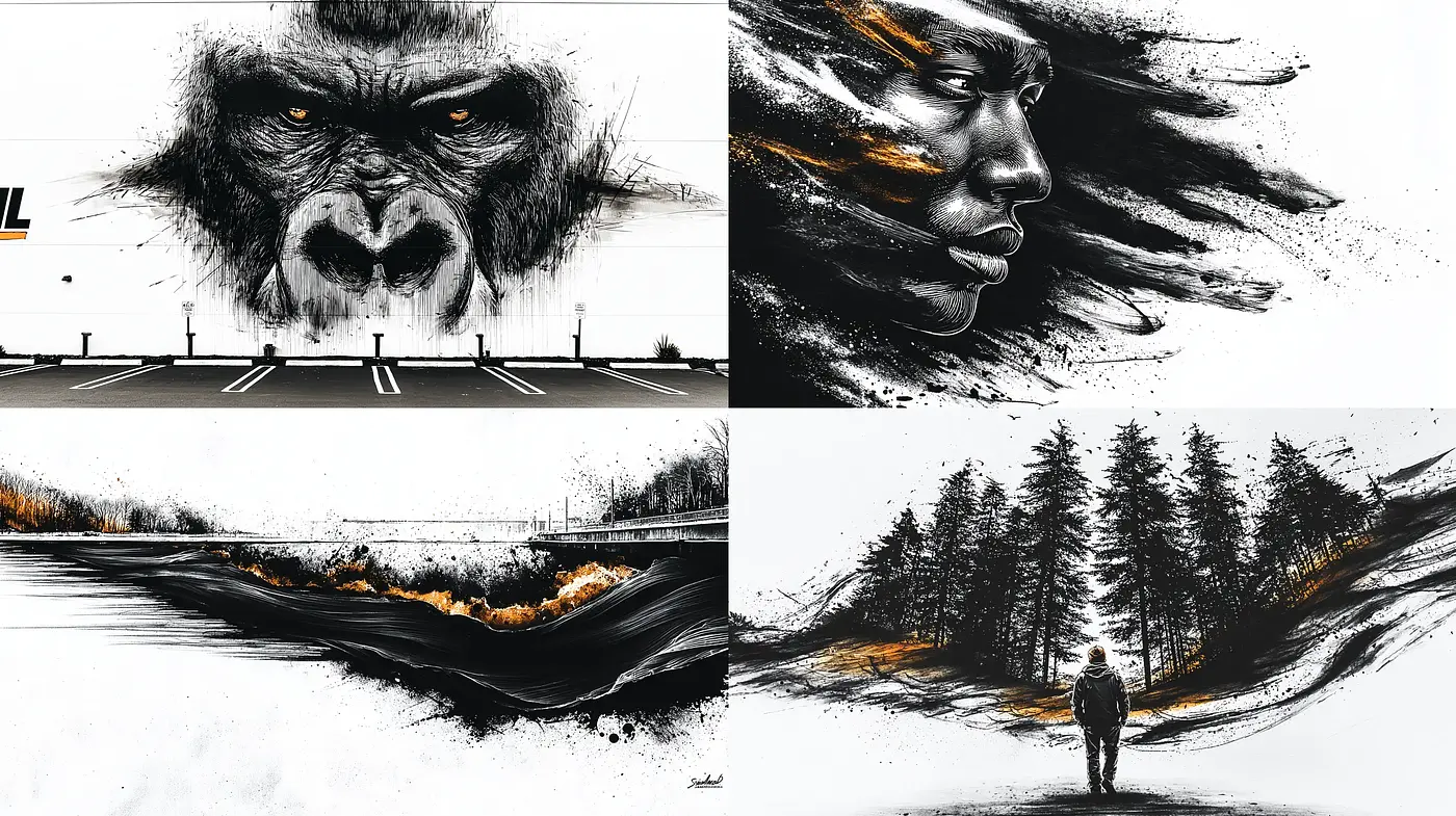 Dynamic and expressive monochromatic art with bursts of color - Midjourney sref style