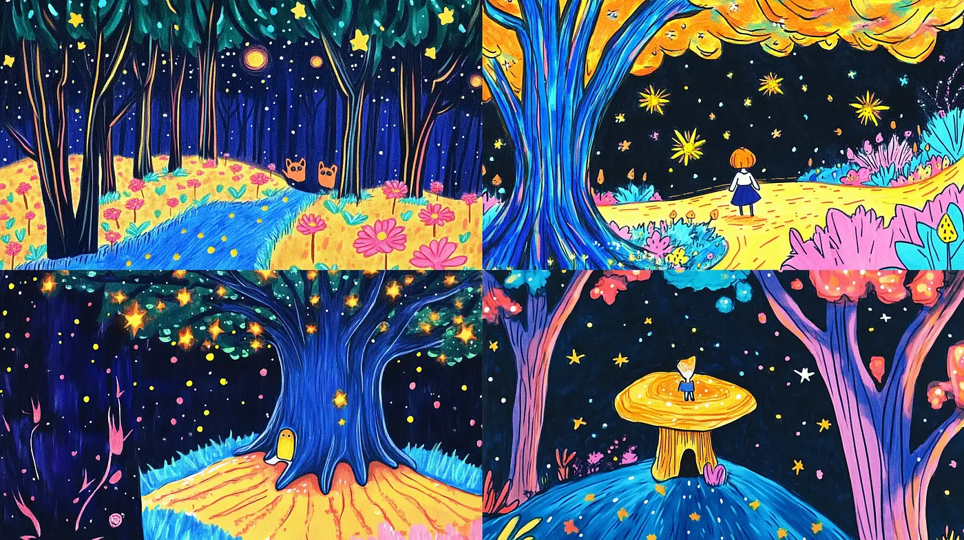 Enchanting Nightscape: A Vivid Journey Through Luminous Flora and Starry Skies - Midjourney sref style