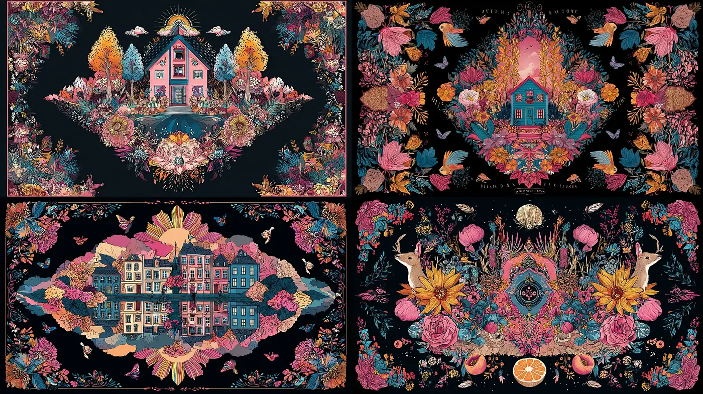 Vibrant Floral Fantasy with Intricate Designs and Whimsical Elements - Midjourney sref style