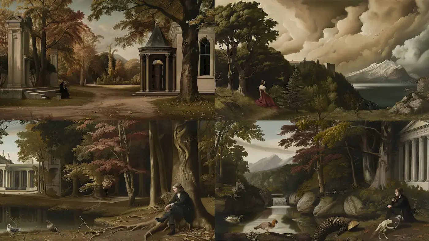Ethereal Landscapes with Classical Elements and a Dreamy Aesthetic - Midjourney sref style