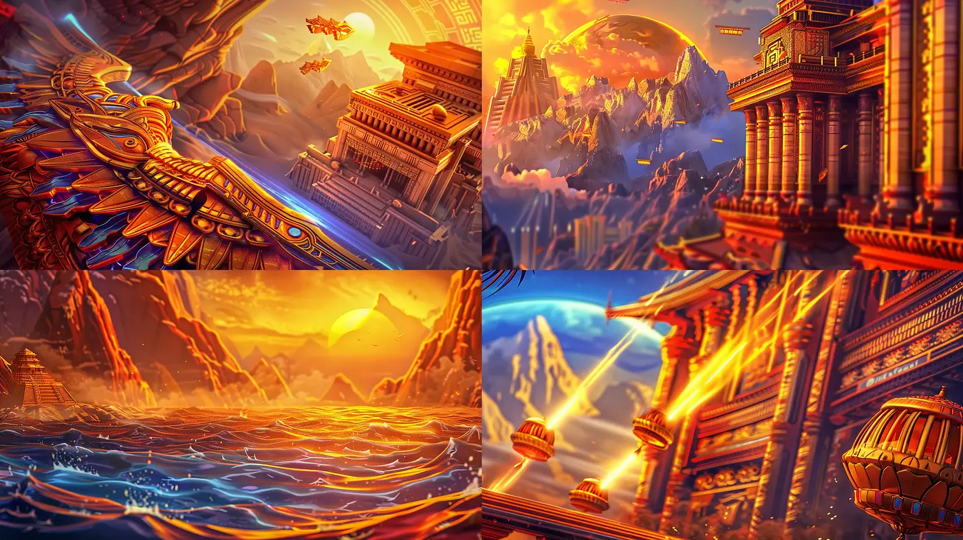 Epic Fantasia of Mythical Civilizations in Sunset Hues - Midjourney sref style