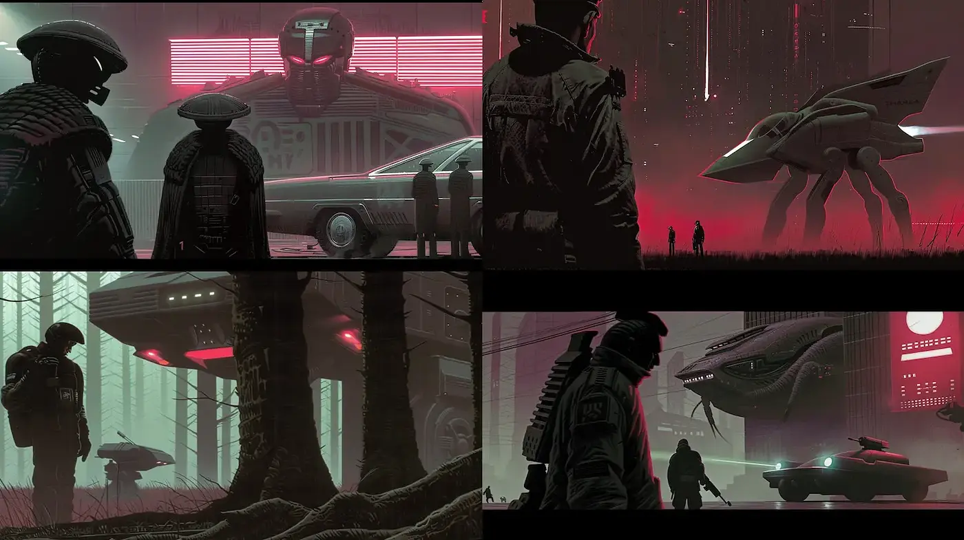 Futuristic Noir with Retro Aesthetics - Midjourney sref style