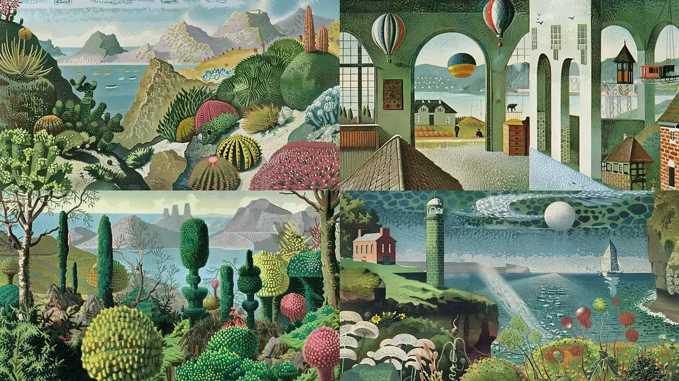 Whimsical landscapes infused with retro charm and intricate details - Midjourney sref style