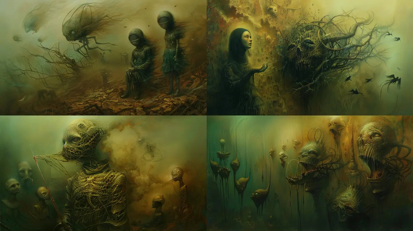 Surrealist Echoes in Sepia: A Harmonious Blend of Dreamlike Imagery and Earthy Tones - Midjourney sref style