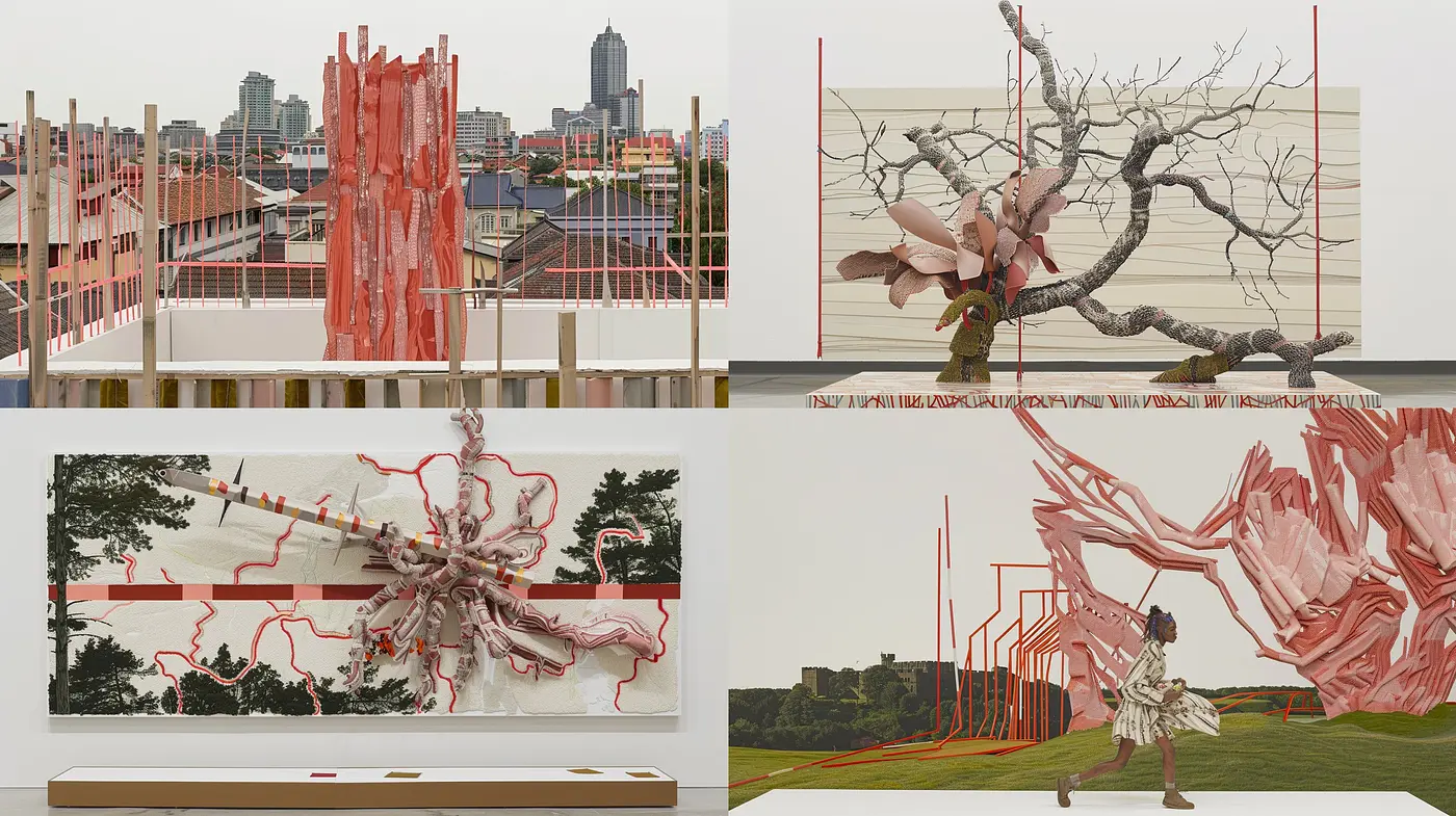 Surreal Contrasts in Urban Abstraction: A Study in Red Overtones and Textural Diversity - Midjourney sref style