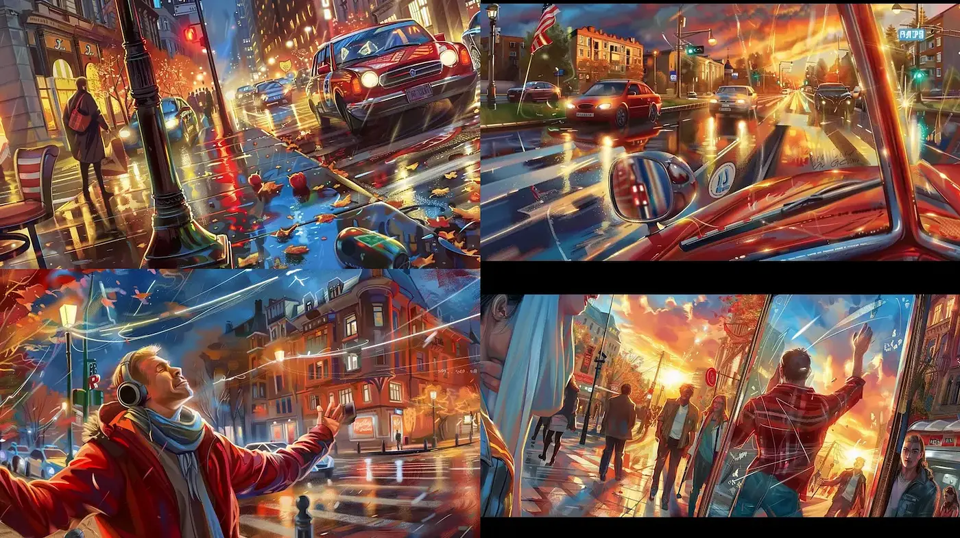 Dynamic urban scenes captured in vibrant colors and intricate details - Midjourney sref style
