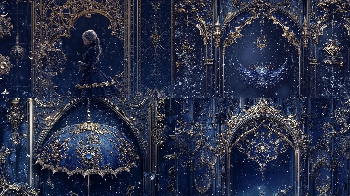 Baroque Elegance Meets Cosmic Fantasy: A Deep Blue Vision - Midjourney sref style
