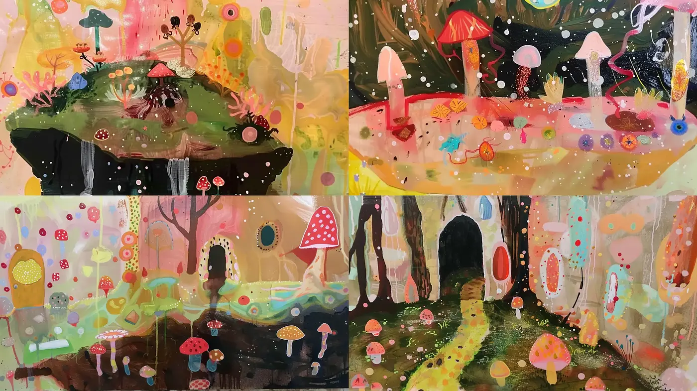 Enchanted Whimsy: A Fusion of Abstract Expression and Childlike Fantasy - Midjourney sref style