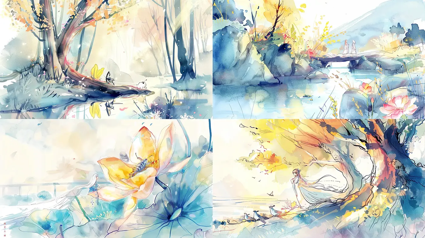 Ethereal Watercolor Dreamscapes with a Luminous Palette - Midjourney sref style