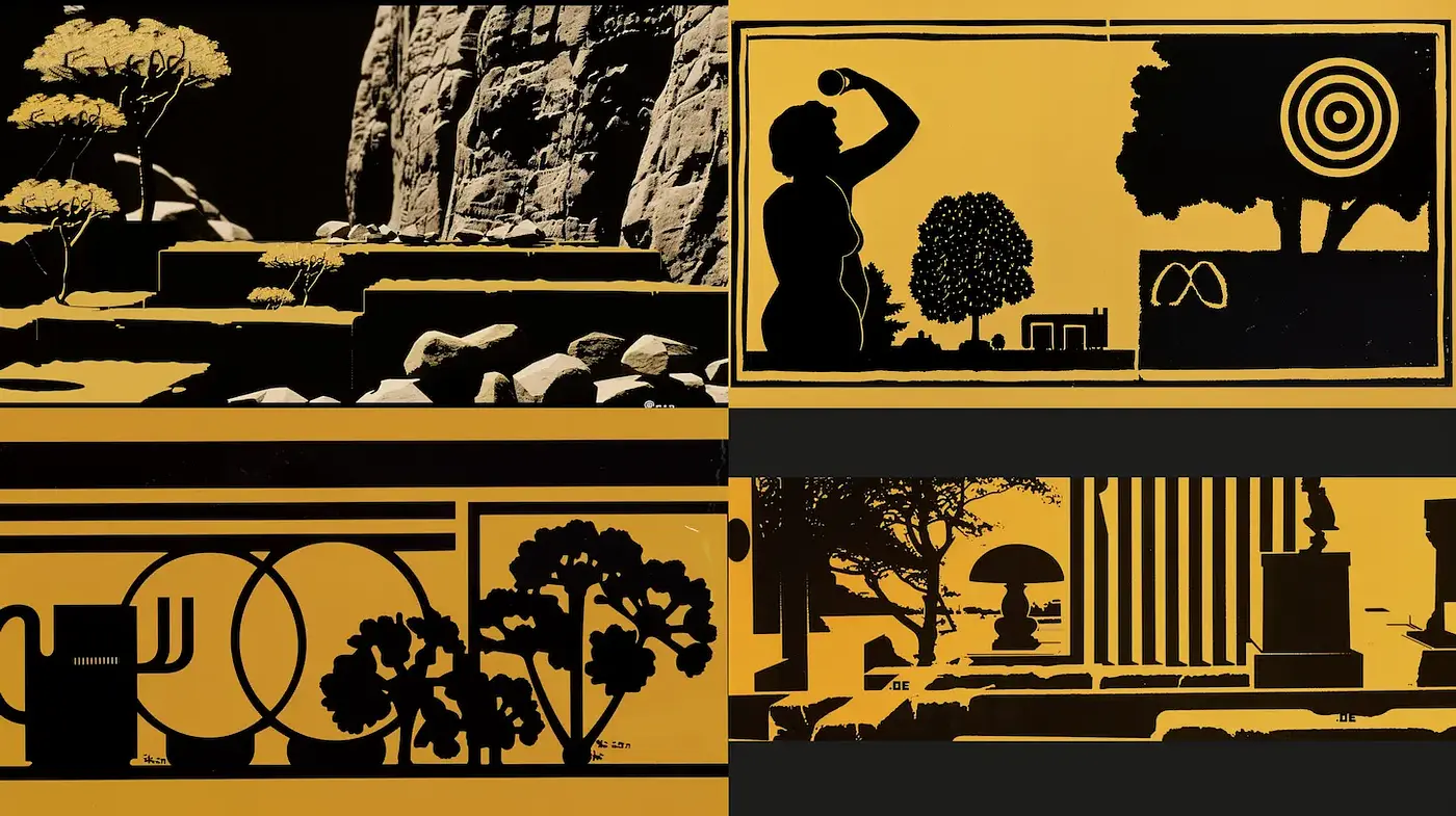 Dynamic interplay of silhouettes and bold geometry with artistic depth - Midjourney sref style