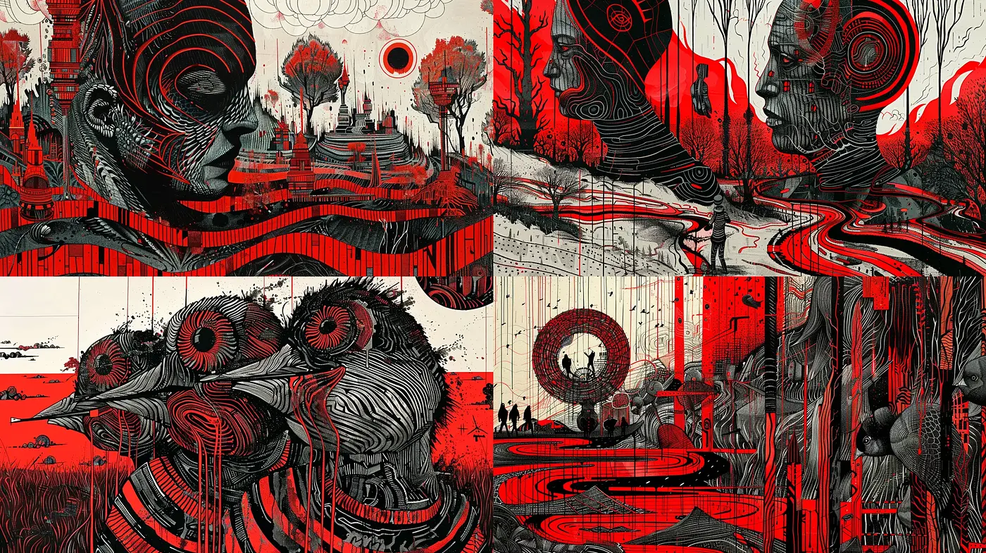 Surreal Grayscale Visions with Crimson Accents - Midjourney sref style