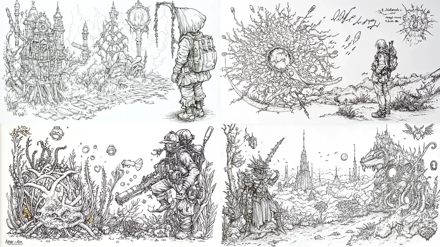 Intricate Engraving-Style Fantasy Sketches - Midjourney sref style