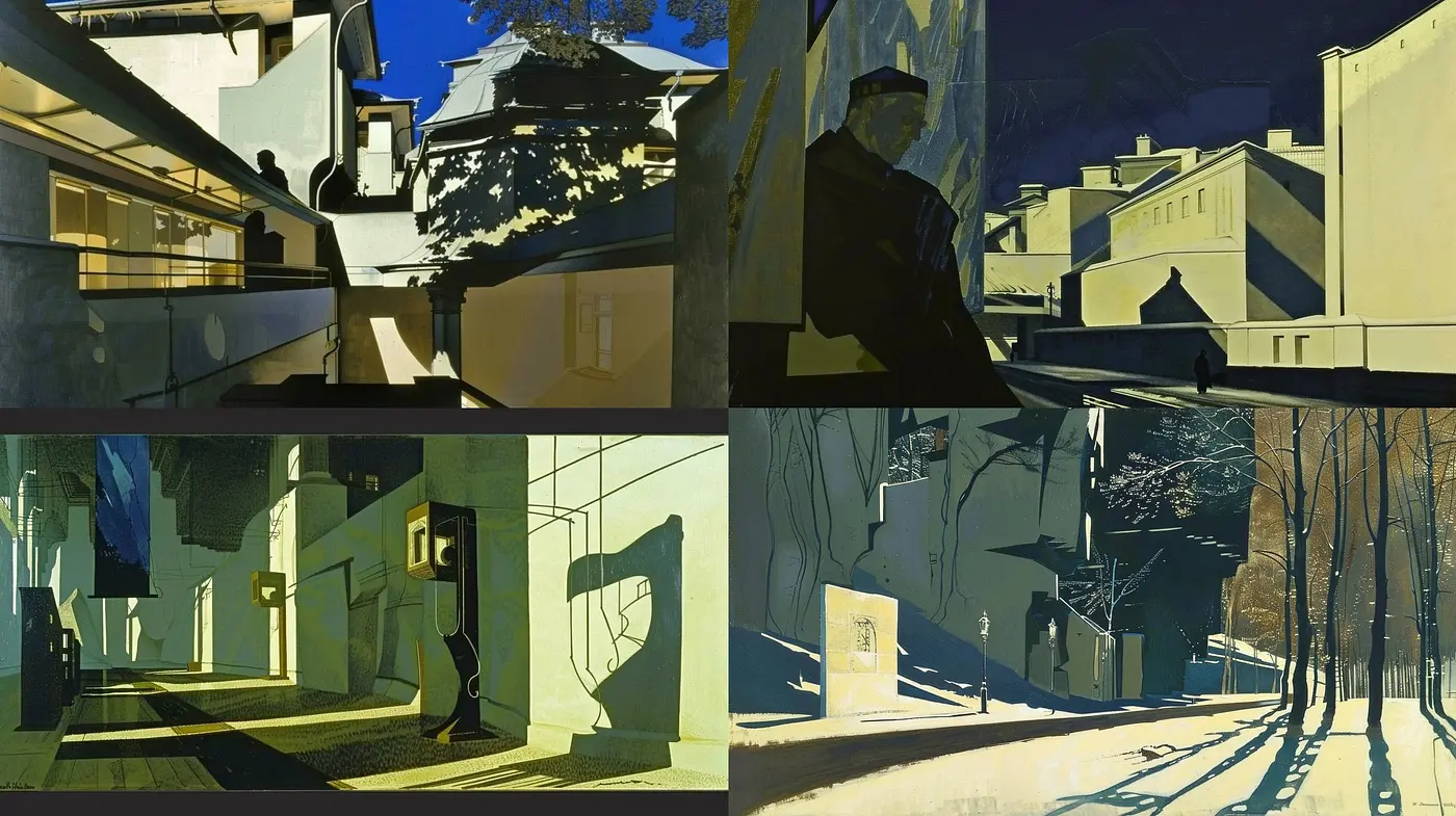 Dusky Shadows and Sharp Contrasts: A Nocturnal Interplay of Urban Serenity and Mystery - Midjourney sref style