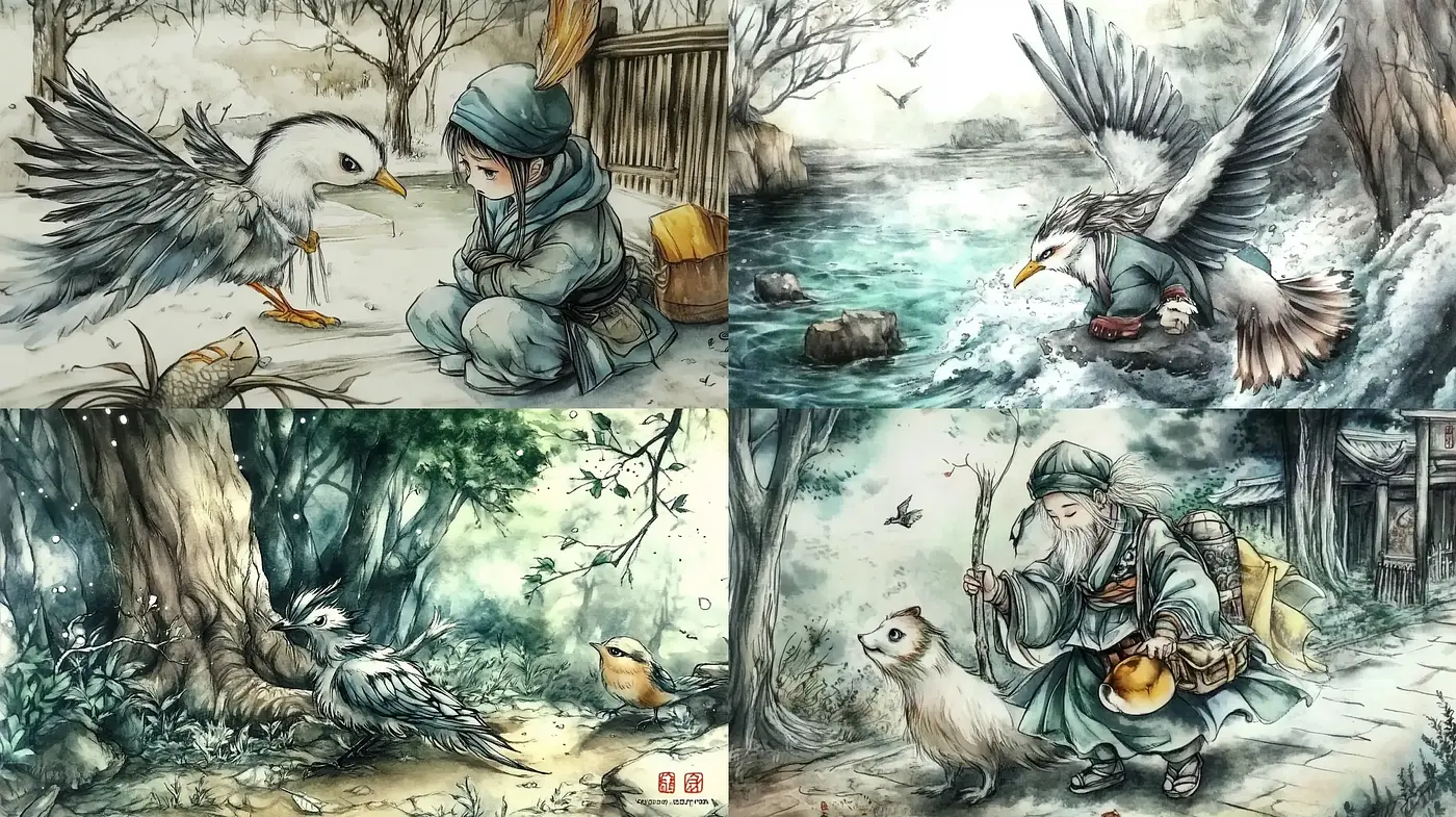 Whimsical Illustrations of Human-Bird Interactions in an Endearing Ink-Wash Style - Midjourney sref style