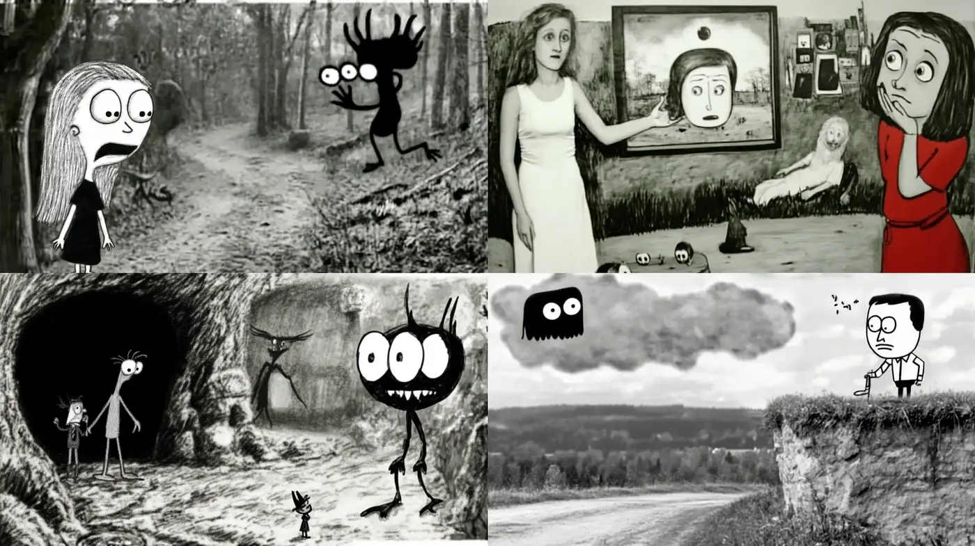 Whimsical Monochrome Echoes of Tim Burton's Enigmatic World - Midjourney sref style