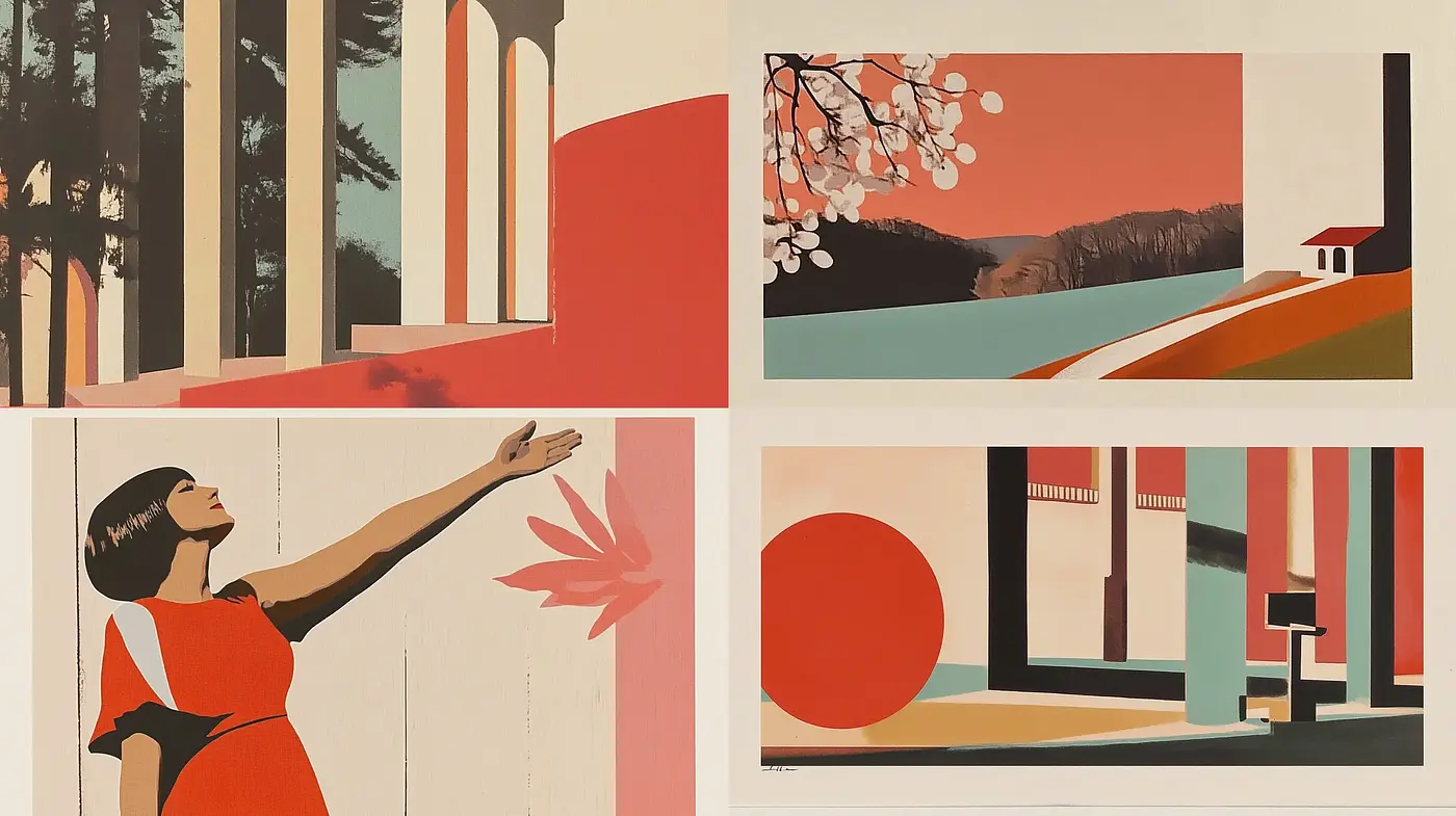 Retro Geometric Harmony: A Fusion of Mid-Century Modern Design and Flat Color Fields - Midjourney sref style