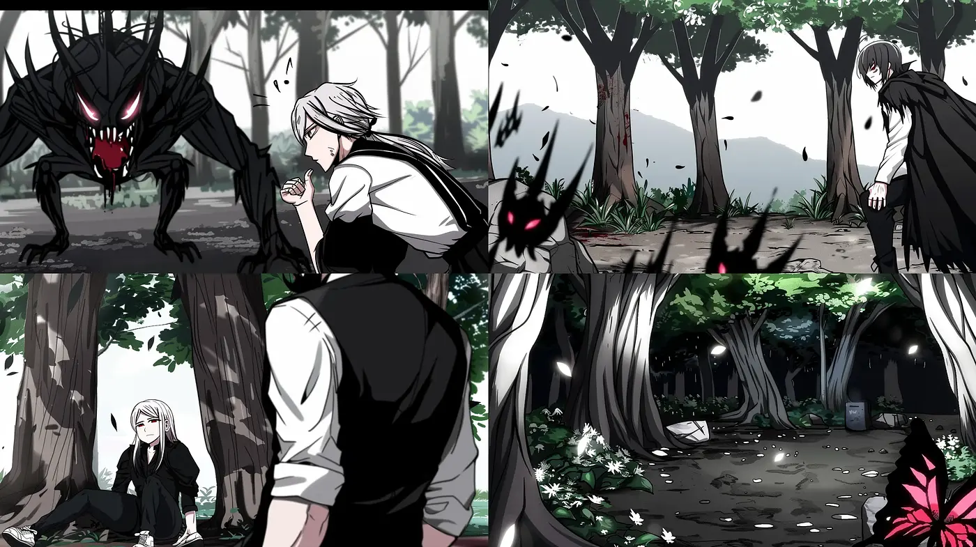 Monochromatic Anime-Inspired Forest Encounters - Midjourney sref style