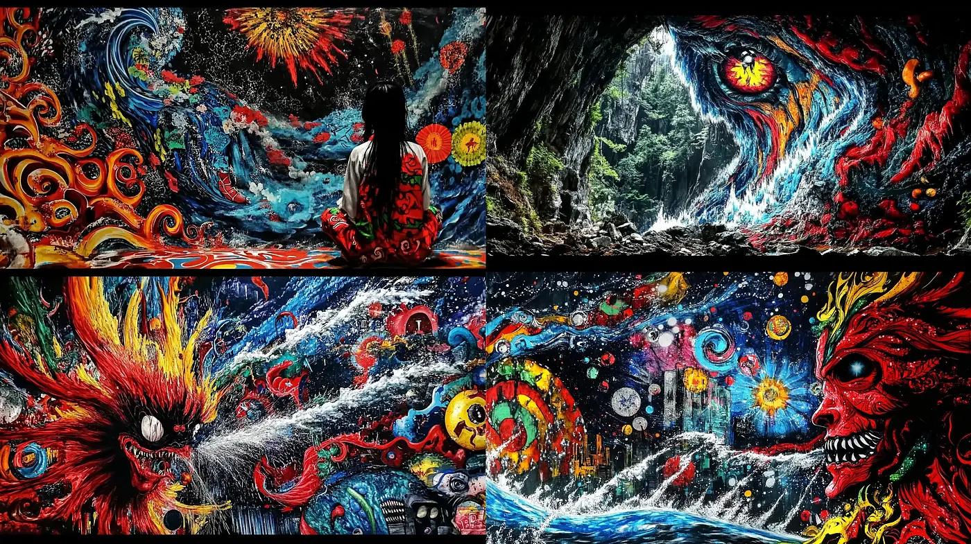 Kaleidoscopic Phantasmagoria: A Vivid Mélange of Surreal Imagery - Midjourney sref style