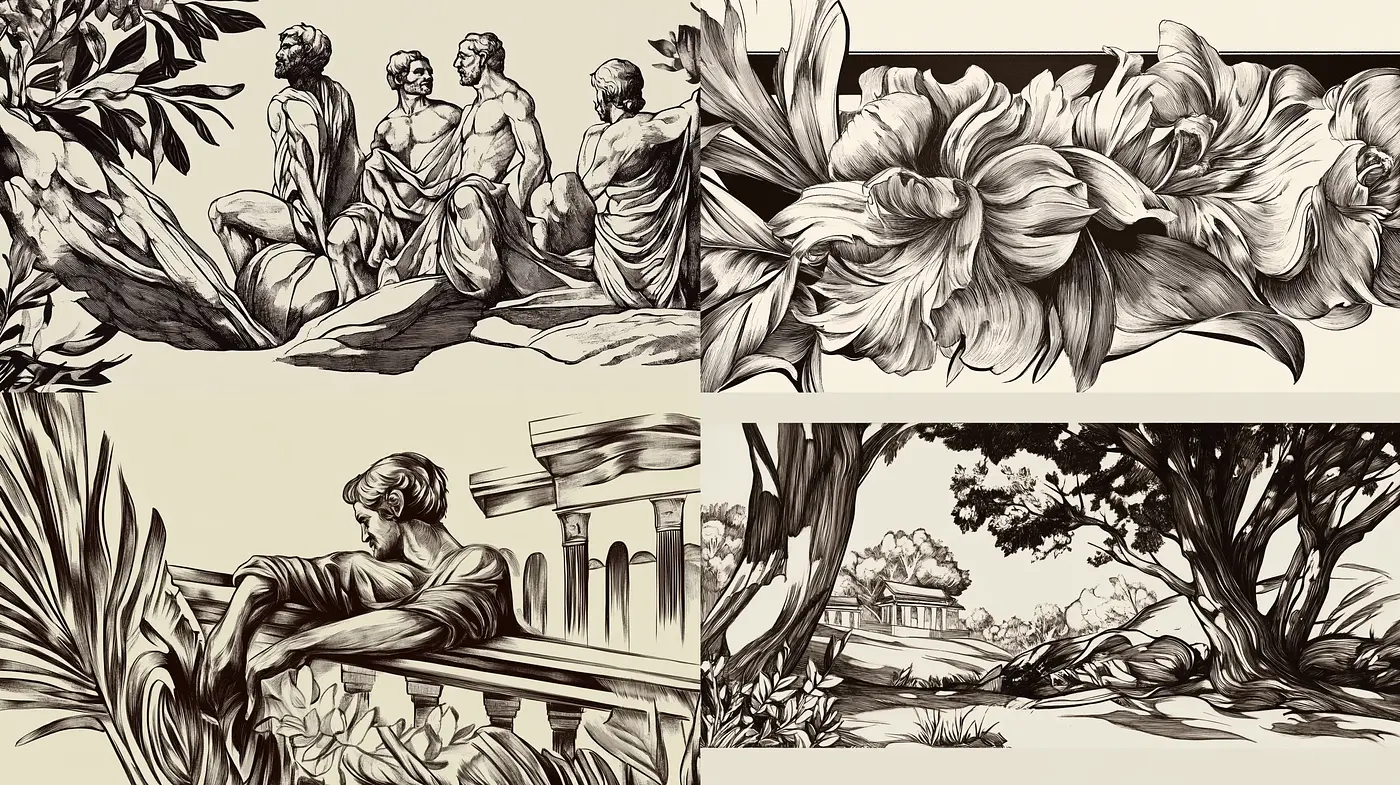 Monochromatic Elegance: A Homage to Classical Ink Illustrations - Midjourney sref style