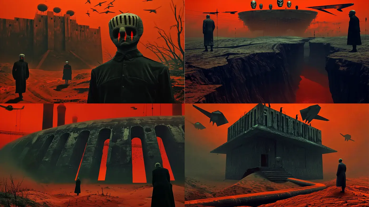 Dystopian Hues of Red in Surreal Terrains - Midjourney sref style