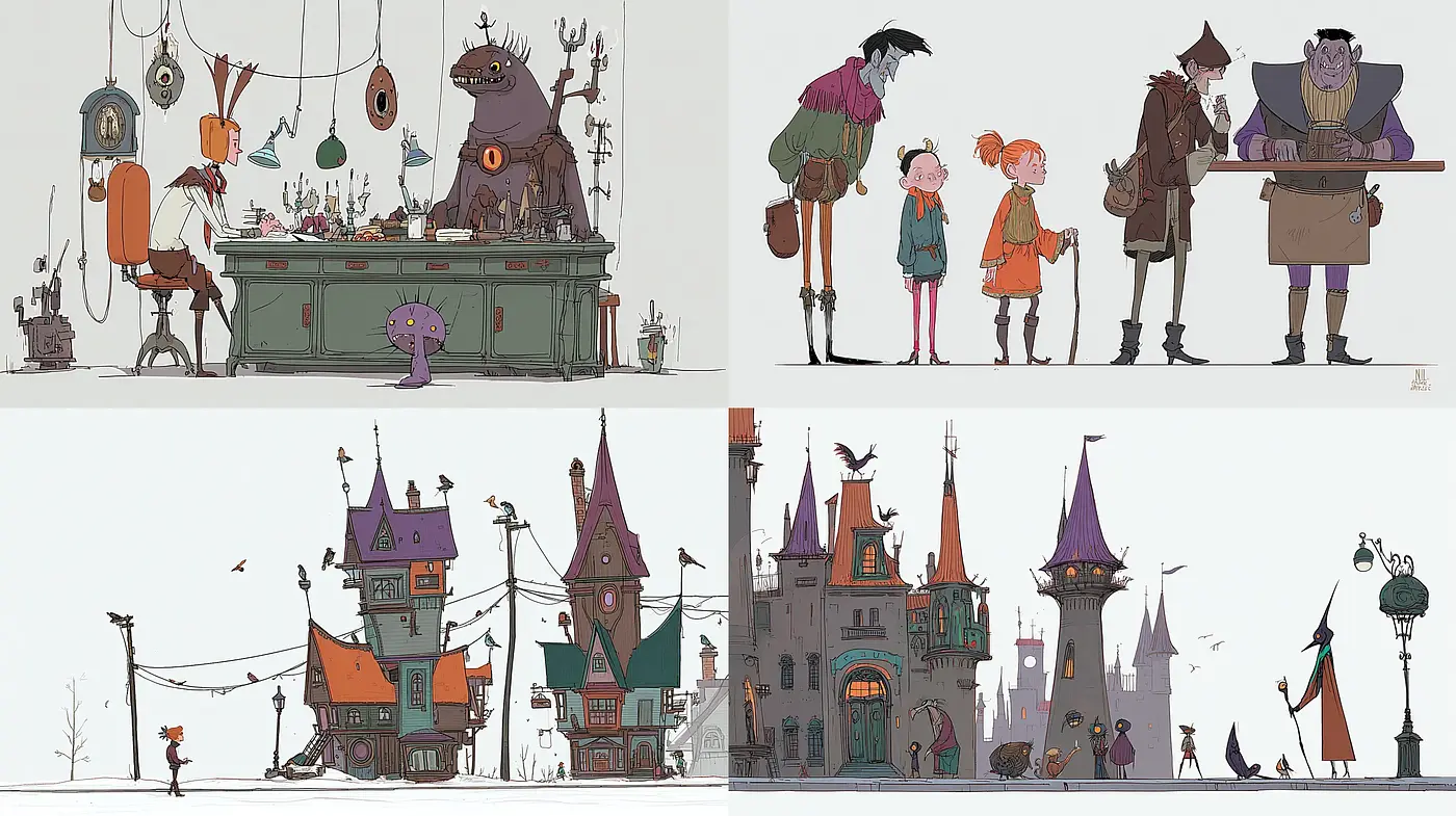 Whimsical and Fantastical Narrative Scenes with a Unique Visual Language - Midjourney sref style