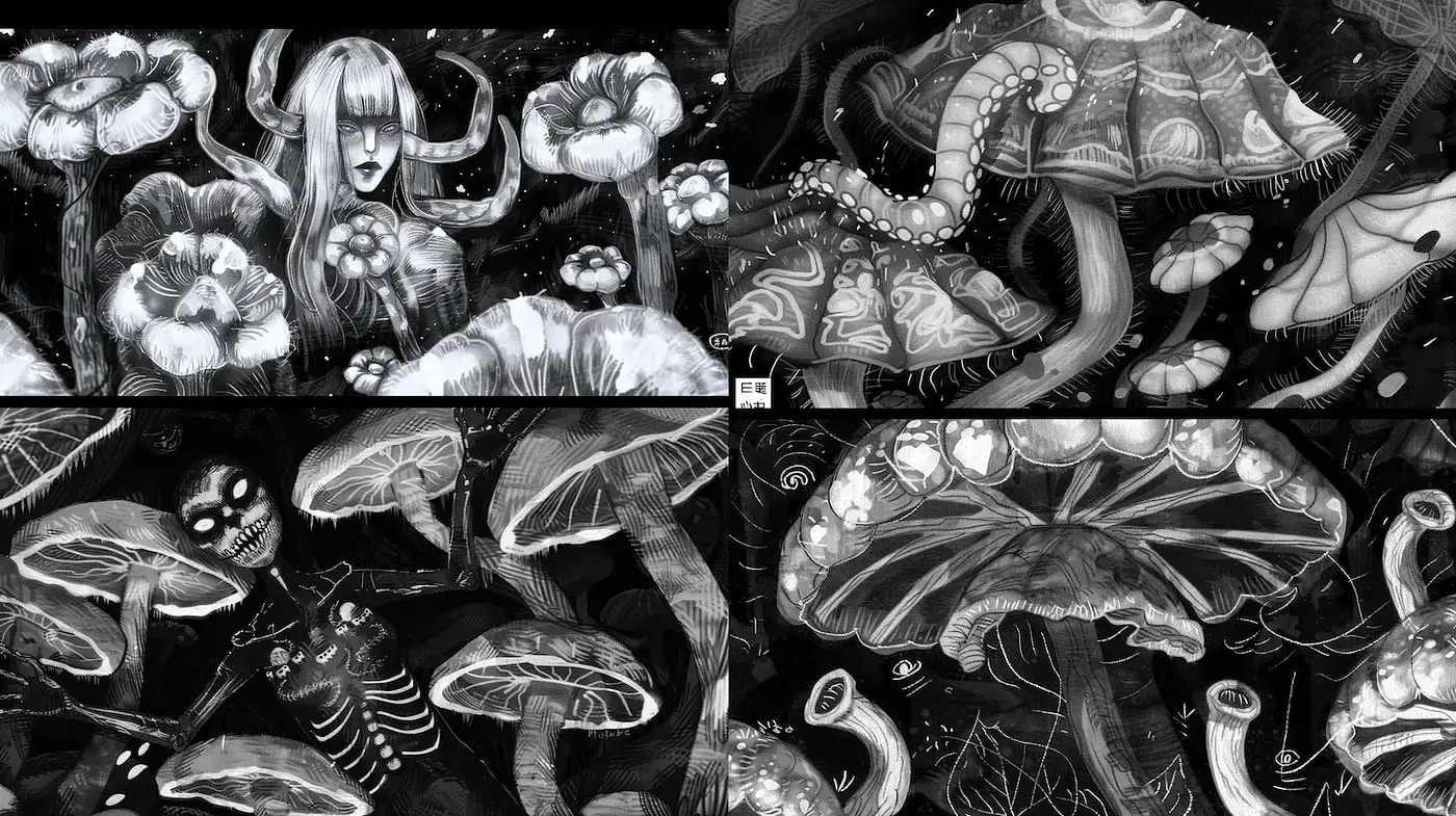 Intricate monochromatic mushroom-themed art with surreal undertones - Midjourney sref style
