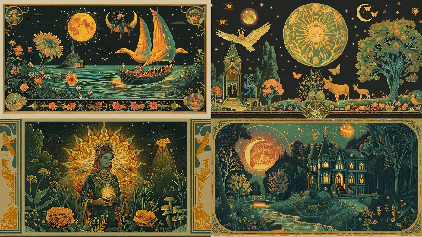 Enchanted Nocturnal Panorama with a Mythological Essence - Midjourney sref style