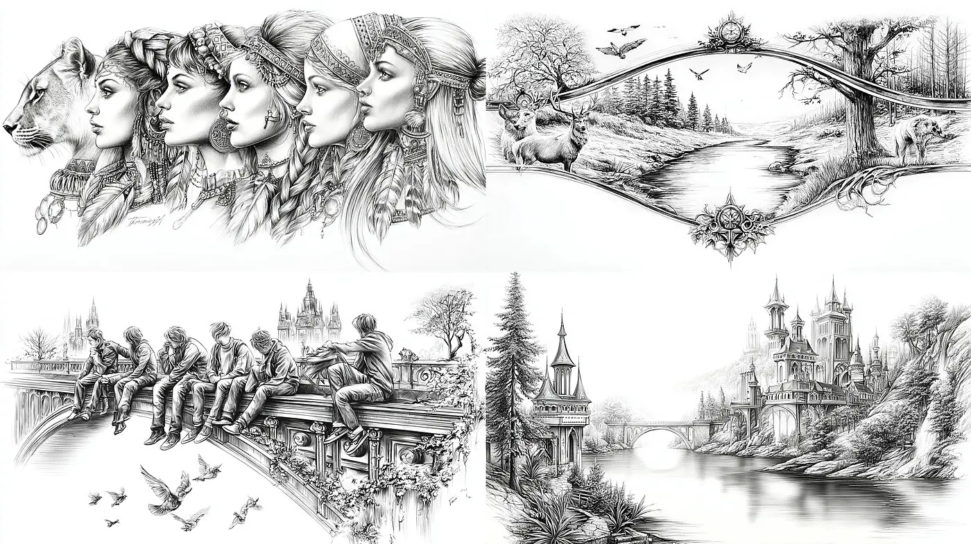 Intricate Black and White Illustrations with Ethereal Details - Midjourney sref style