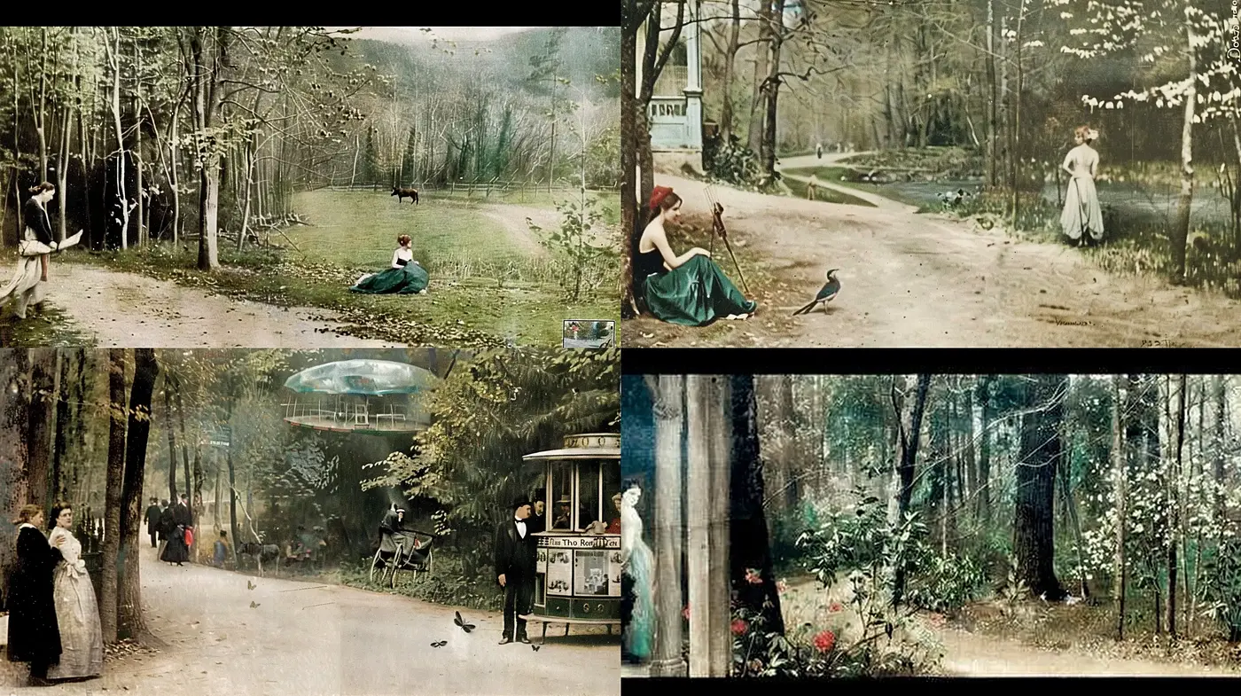 Ethereal Forest Scenes of Yesteryear: A Dreamlike Vintage Mosaic - Midjourney sref style