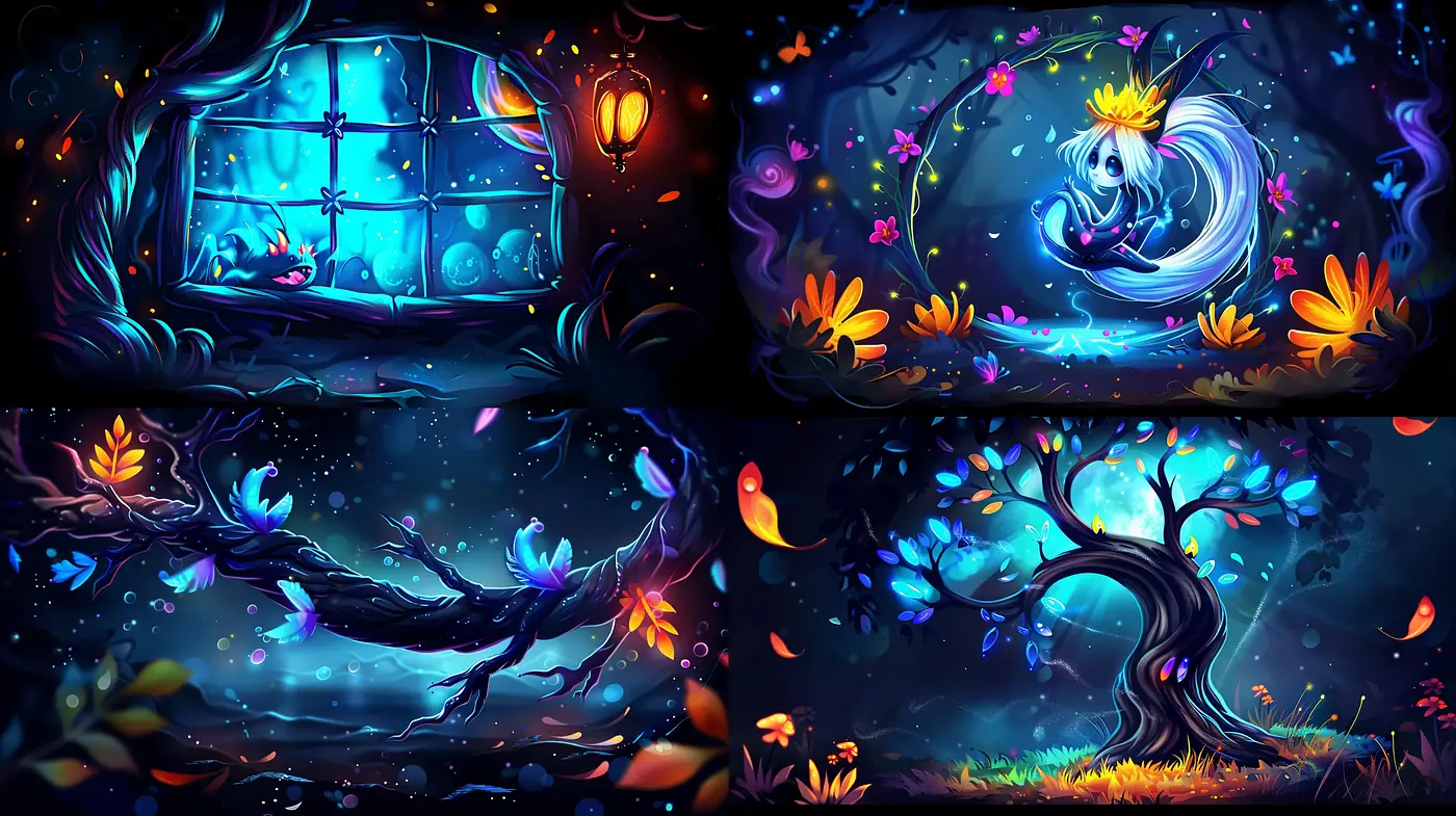 Enchanted Nocturnal Whimsy: A Dance of Luminous Flora and Fauna in Twilight Hues - Midjourney sref style